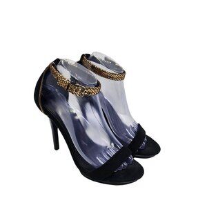 Express Heels Ankle Strap Stiletto Black‎ Suede Gold Accents Party Size 8